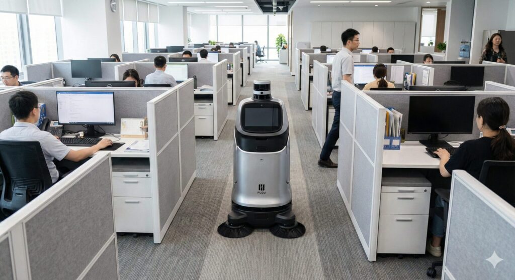 A robot cleaner moving between cubicles in an office