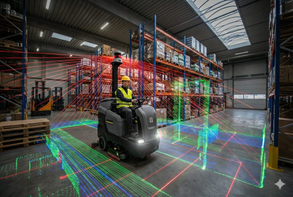 A riding floor cleaner mapping a warehouse