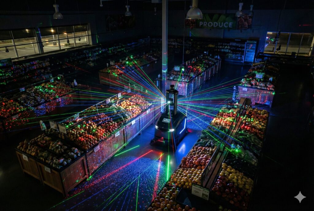 A robot cleaner mapping the produce section of a grocery store at night