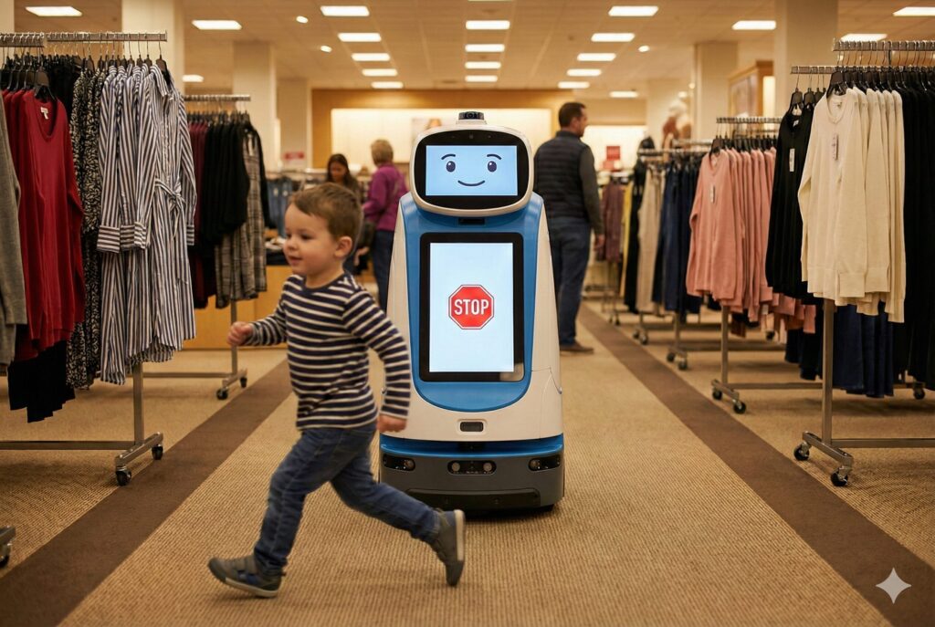 A child running across a robot vacuum's path and the robot coming to a complete stop