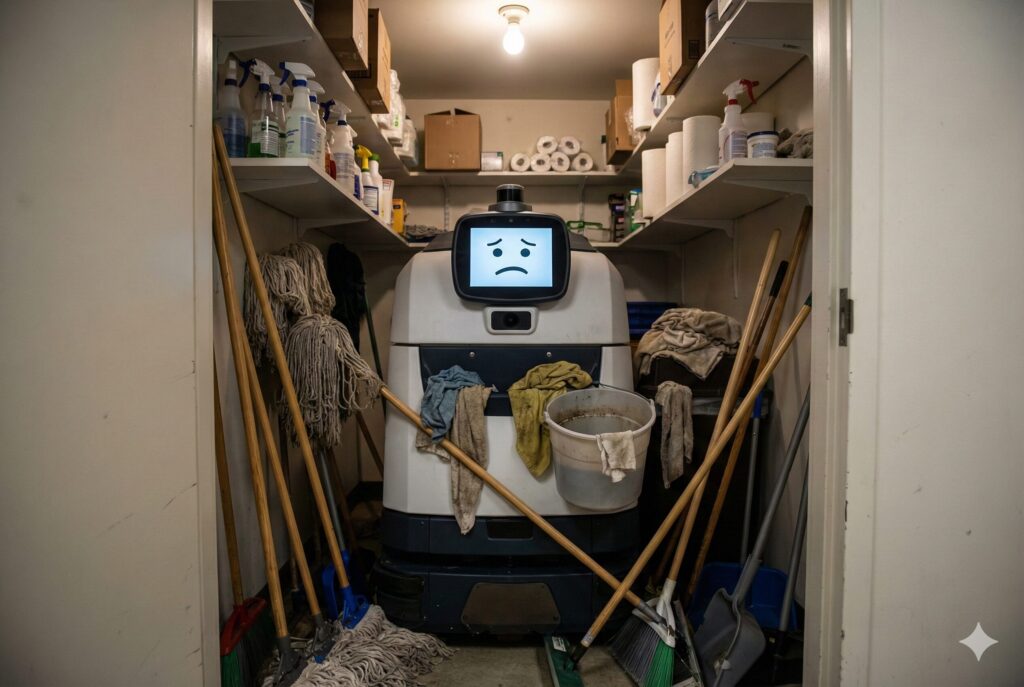 A robot floor cleaner shoved in a janitor's closet with cleaning supplies falling all over it