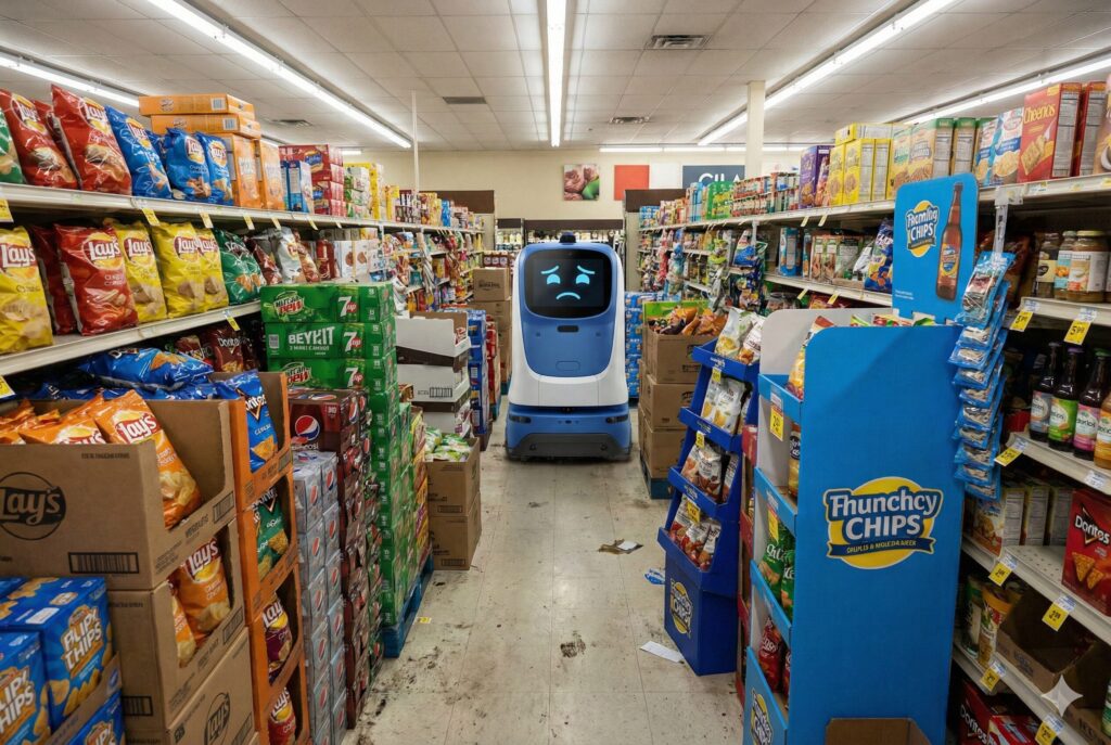 A robot cleaner at the end of a messy grocery aisle that it can't possibly navigate through