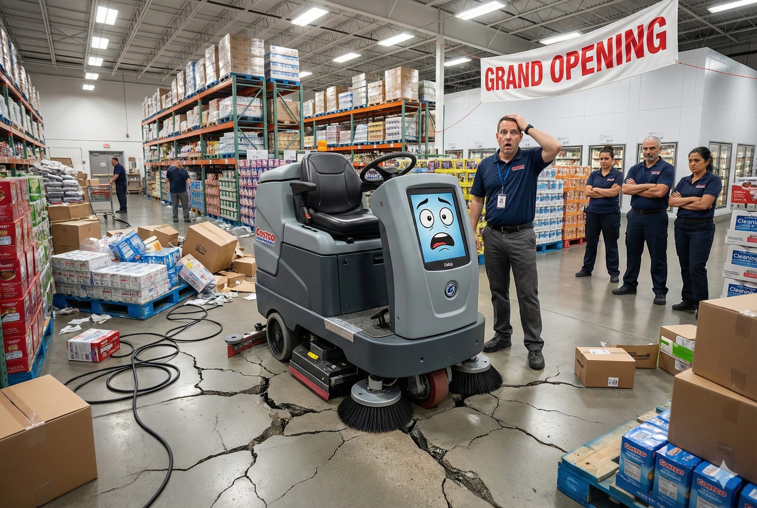 A robot floor cleaner and the facilities manager looking dismayed in the middle of a messy store