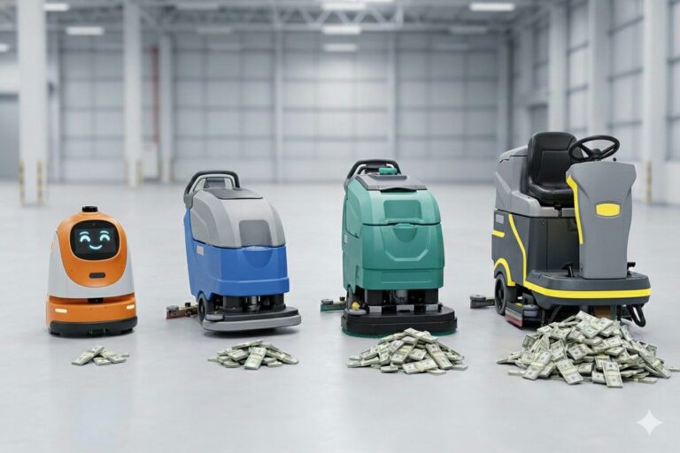 Robot cleaners from small to large and their respective costs represented in piles of money in front of them