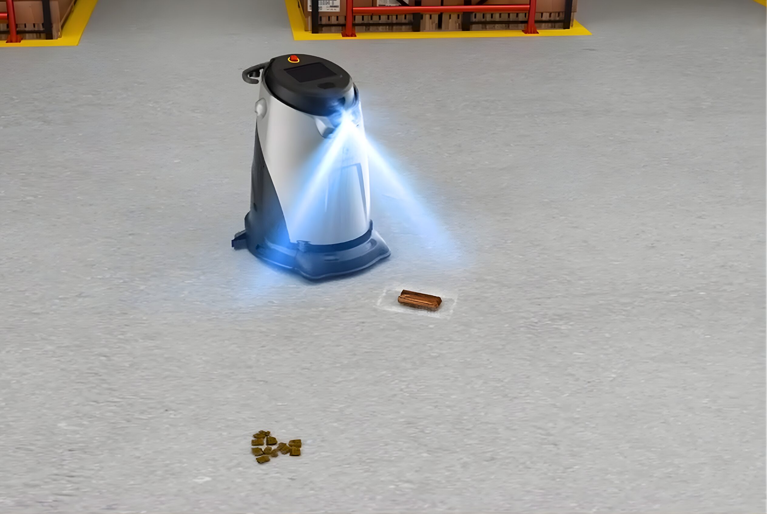 The Gausium Omnie robotic floor cleaner spotting trash and altering course to pick it up.