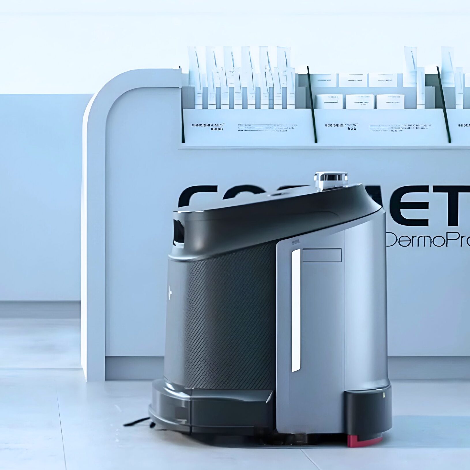 The Gausium Phantas floor cleaning robot rolling by the cosmetics counter