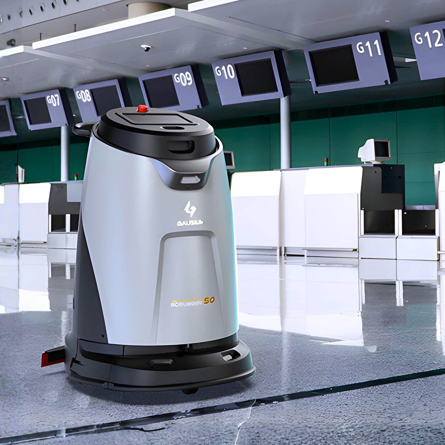 Gausium Scrubber 50 autonomous floor cleaning doing its job in an airport.