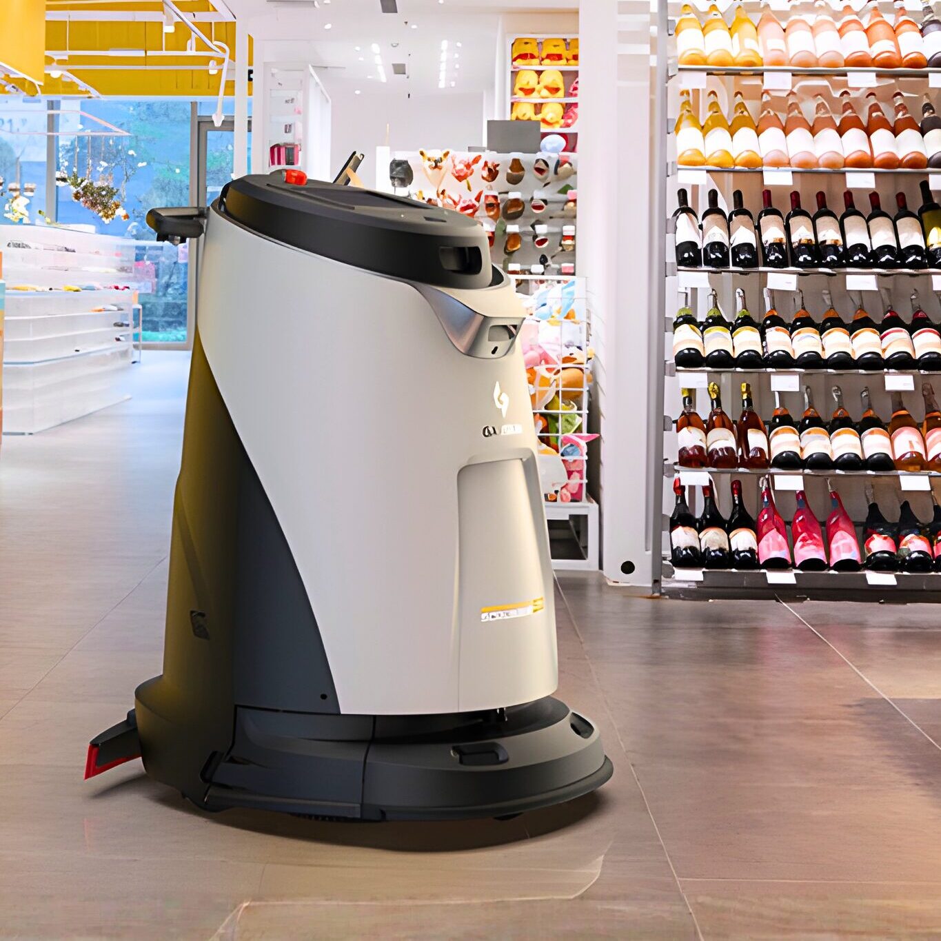 The Gausium Scrubber 50 moving through grocery store aisles.