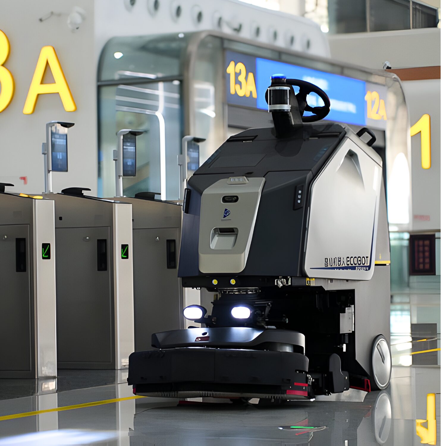 The Gausium Scrubber 75, a robotic floor scrubber, doing its job in a stadium setting.