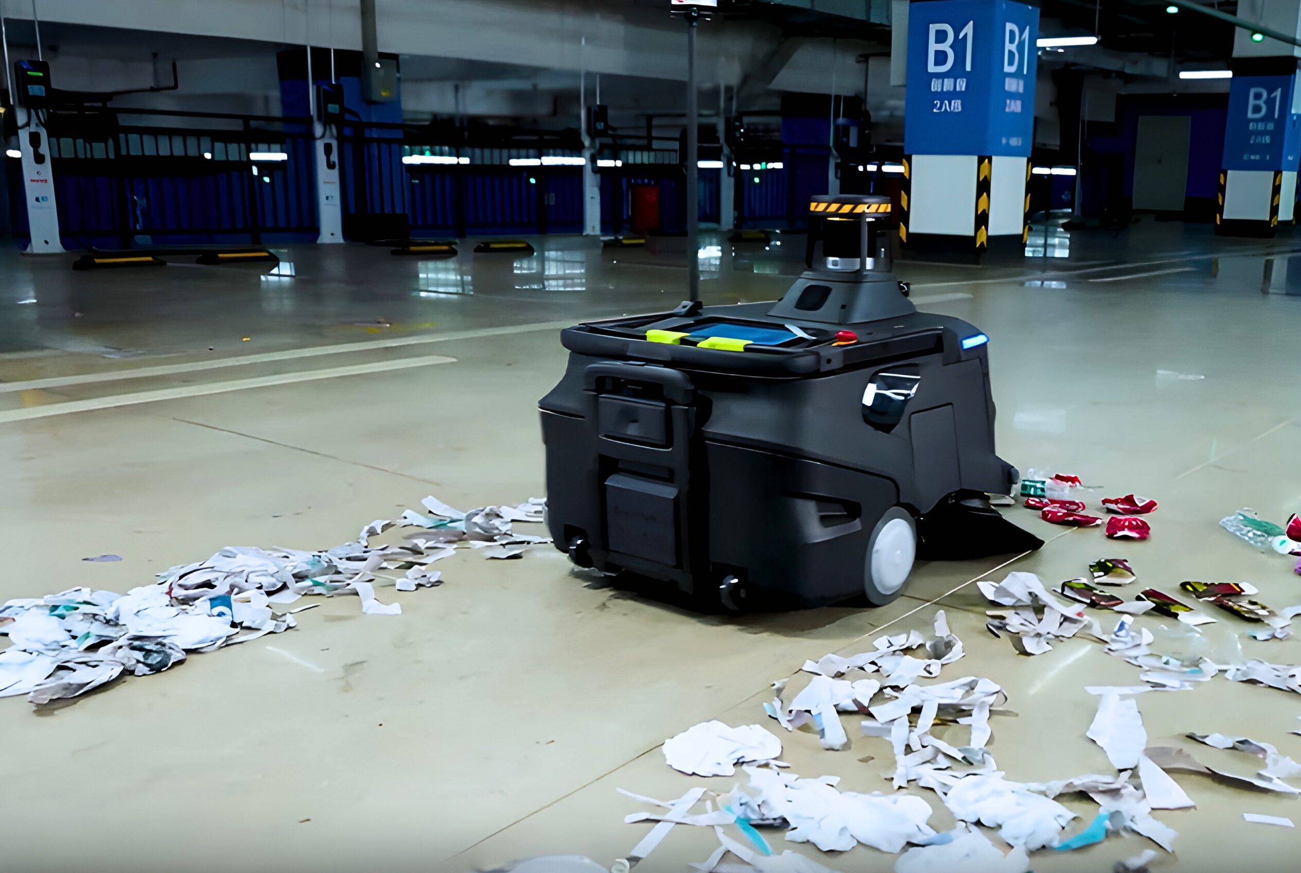The PUDU MT1 Max, a robotic commercial floor cleaner, sweeping large debris in a parking garage