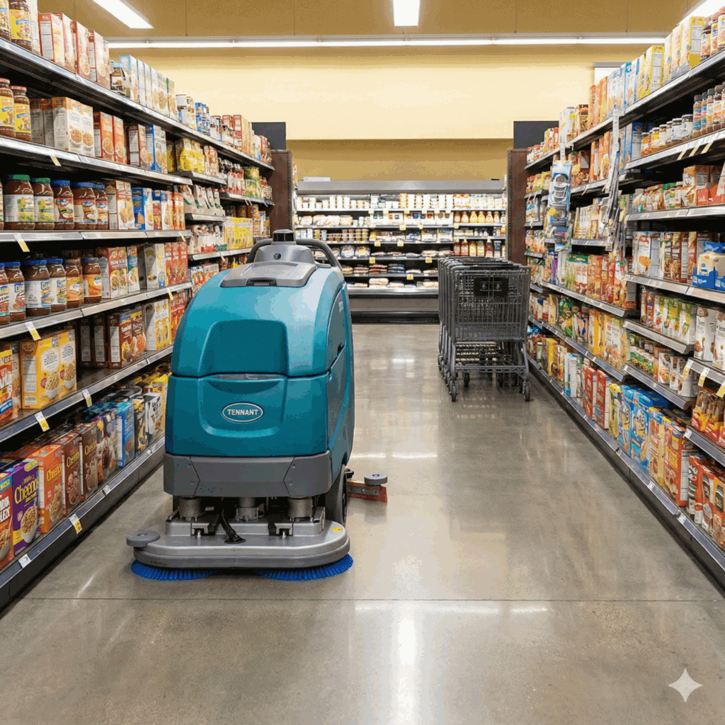 Best robot floor cleaners for retail and grocery - a robot in the grocery aisle.