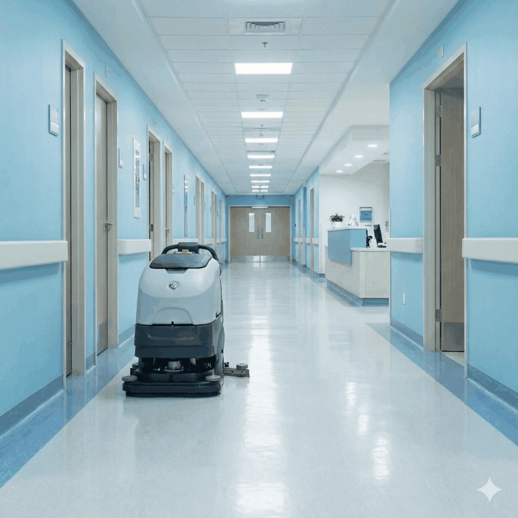 A floor cleaning robot in a hospital hallway doing its job.