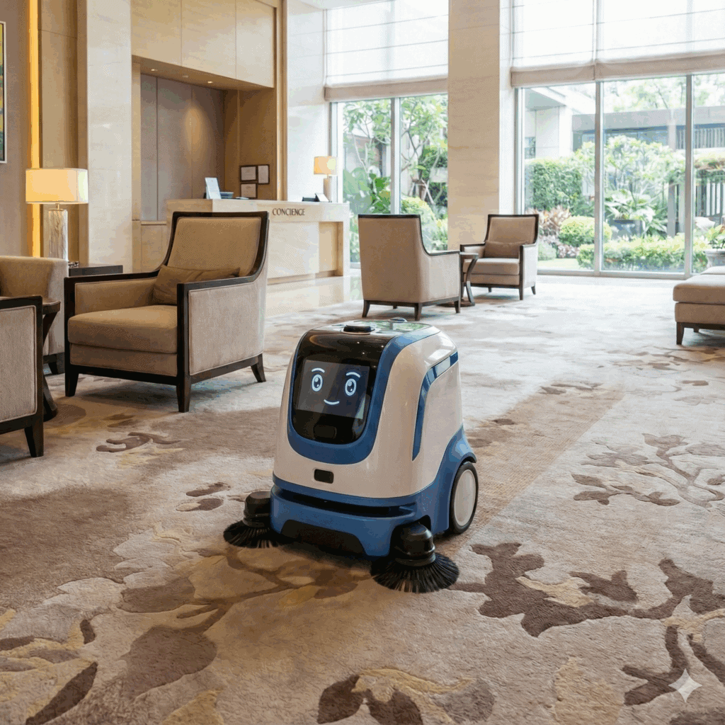 Hotel, Hospitality and Lodging - a floor cleaning robot rolls through the lobby keeping it spotless.