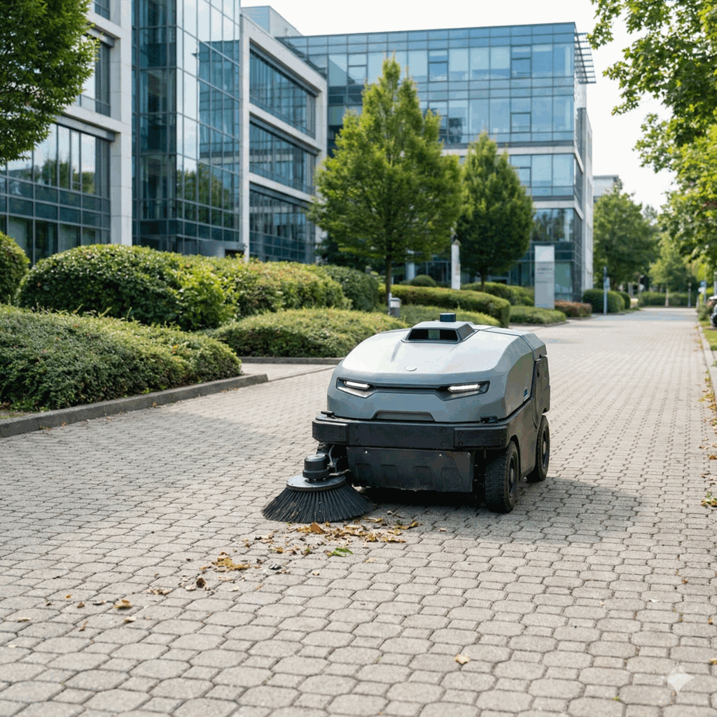An autonomous floor cleaner picking up leaves outside on the walkway in front of an office building.