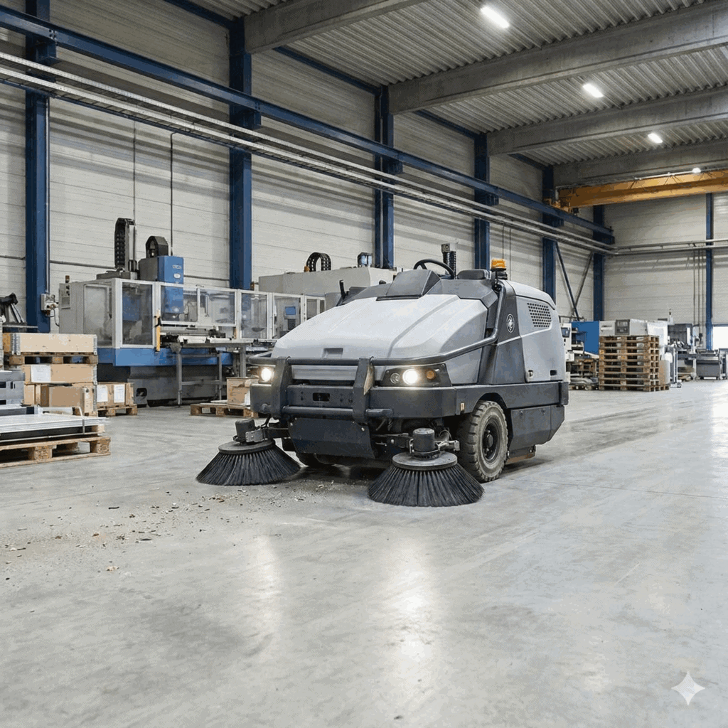 An industrial-sized autonomous floor scrubber cleaning a warehouse floor.