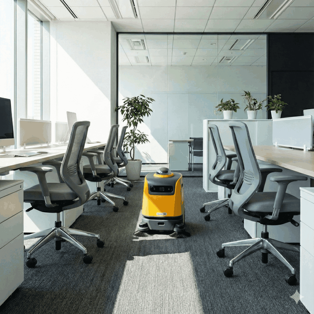 A floor cleaning robot rolling through the cubicles in an office space.