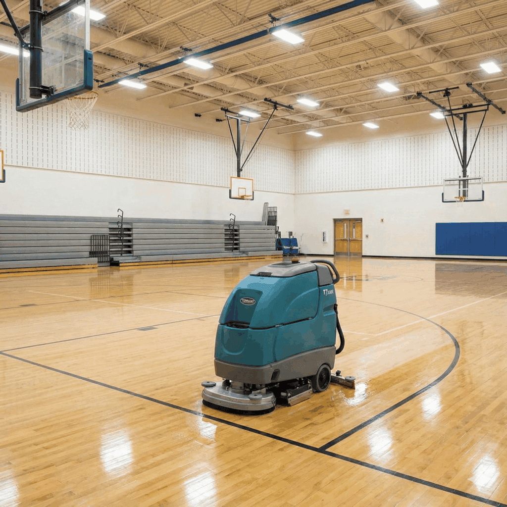 A robotic floor cleaner in the gym, perfect for schools k-12 or even universities.