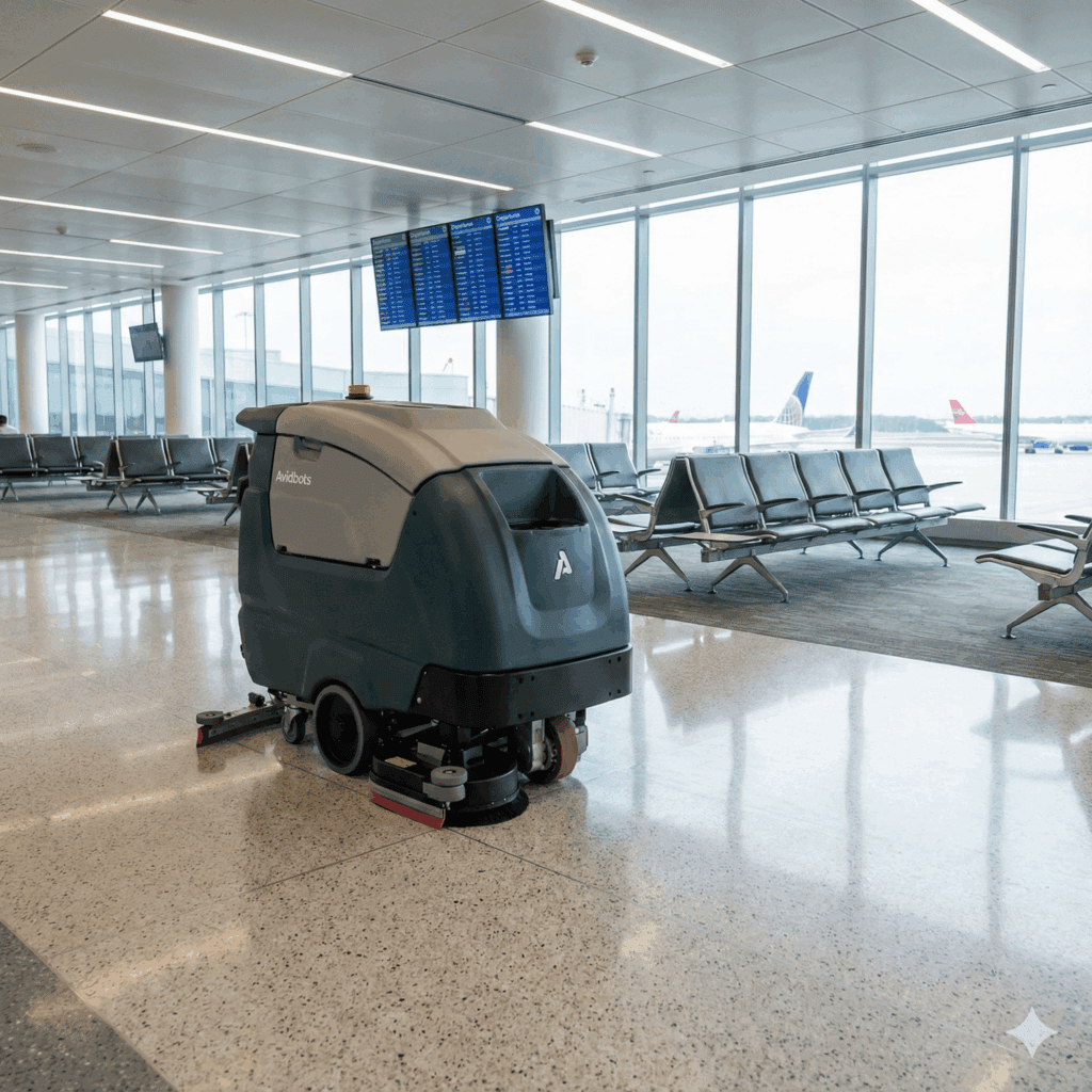 A floor cleaning robot keeping floors clean and shiny in the airport.