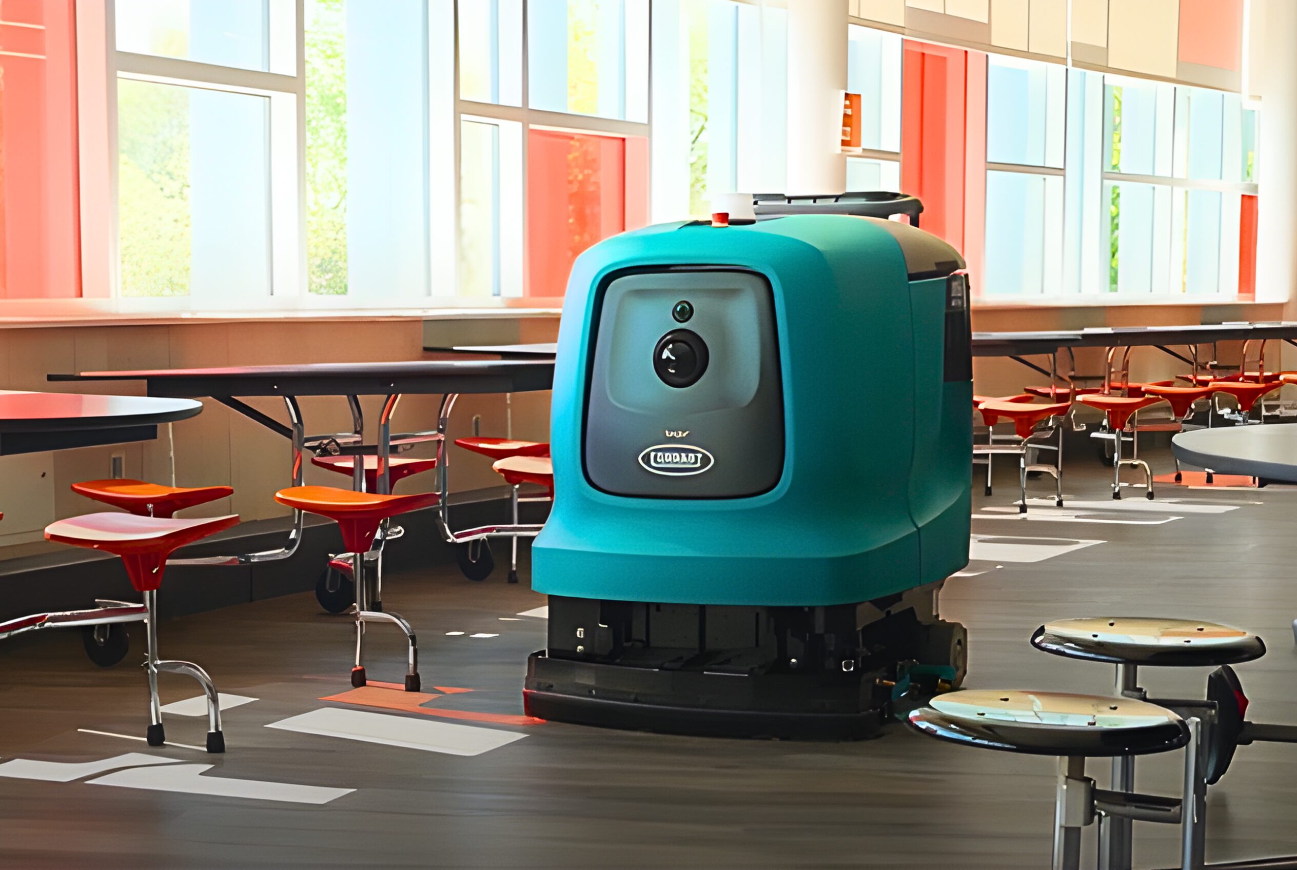 The X6 ROVR robotic floor cleaner from Tennant as it cleans a cafeteria space.